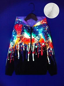 SHEIN Boys Reflective Splash Ink Print Teddy Lined Hooded Jacket - Multicolor - View 2