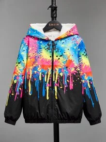 SHEIN Boys Reflective Splash Ink Print Teddy Lined Hooded Jacket - Multicolor - View 6