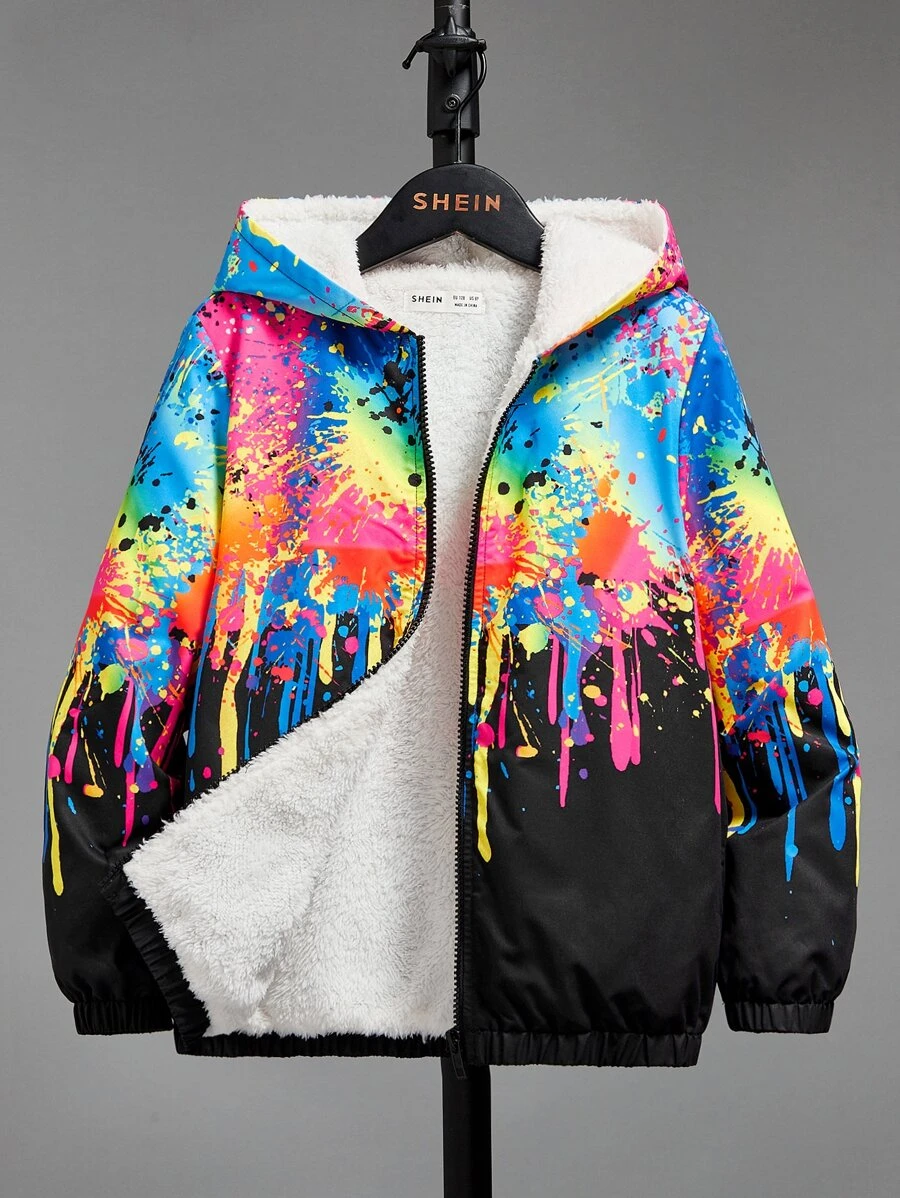 SHEIN Boys Reflective Splash Ink Print Teddy Lined Hooded Jacket - Multicolor - View 1