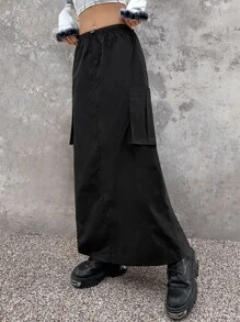 SHEIN ICON Gorpcore Pocket Side Drawstring Waist Parachute Skirt - Black - View 3