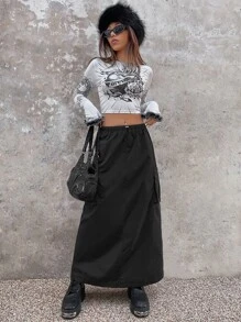 SHEIN ICON Gorpcore Pocket Side Drawstring Waist Parachute Skirt - Black - View 4