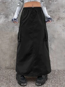 SHEIN ICON Gorpcore Pocket Side Drawstring Waist Parachute Skirt - Black - View 5