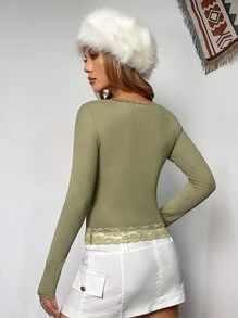 SHEIN ICON Contrast Lace 2 In 1 Tee - Army Green - View 2