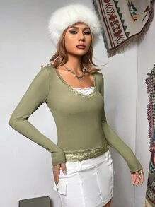 SHEIN ICON Contrast Lace 2 In 1 Tee - Army Green - View 3