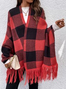 SHEIN LUNE Buffalo Plaid Pattern Fringe Hem Batwing Sleeve Cardigan - Red - View 1