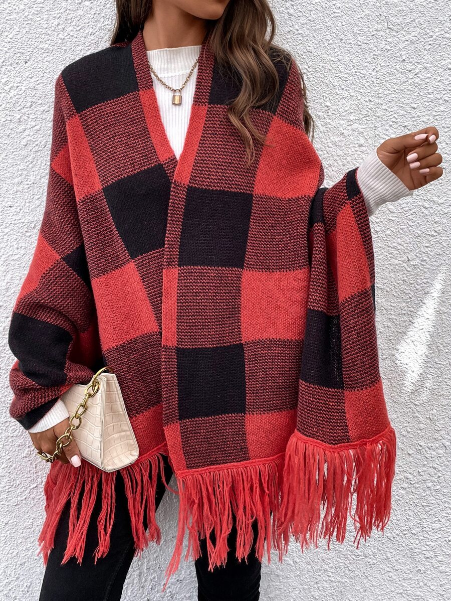 SHEIN LUNE Buffalo Plaid Pattern Fringe Hem Batwing Sleeve Cardigan - Red - View 1