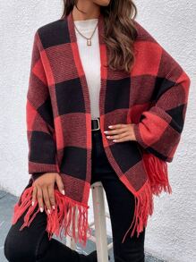 SHEIN LUNE Buffalo Plaid Pattern Fringe Hem Batwing Sleeve Cardigan - Red - View 3