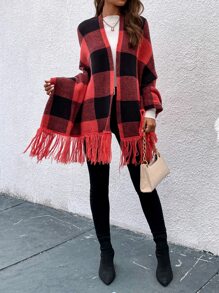 SHEIN LUNE Buffalo Plaid Pattern Fringe Hem Batwing Sleeve Cardigan - Red - View 4