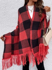 SHEIN LUNE Buffalo Plaid Pattern Fringe Hem Batwing Sleeve Cardigan - Red - View 5