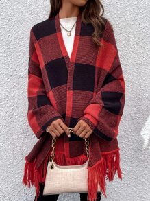 SHEIN LUNE Buffalo Plaid Pattern Fringe Hem Batwing Sleeve Cardigan - Red - View 6