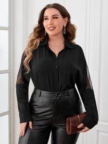SHEIN Clasi Plus Contrast Mesh Drop Shoulder Shirt - Black - View 3