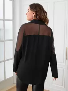 SHEIN Clasi Plus Contrast Mesh Drop Shoulder Shirt - Black - View 1