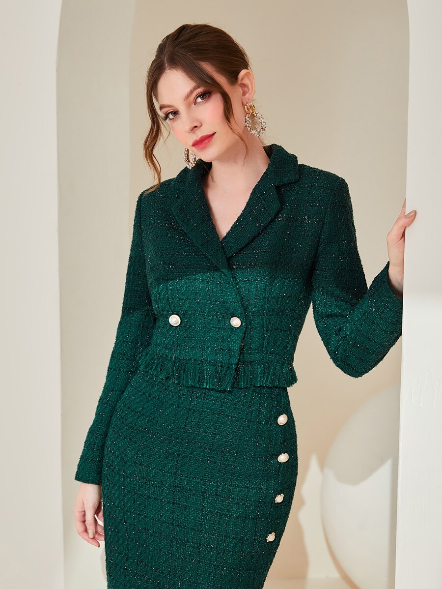 SHEIN Frenchy Áo khoác  âu phục nữ Nút đôi Hem thô màu trơn Thanh lịch - Màu xanh lá cây đậm - Xem 1