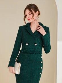 SHEIN Frenchy Áo khoác  âu phục nữ Nút đôi Hem thô màu trơn Thanh lịch - Màu xanh lá cây đậm - Xem 4