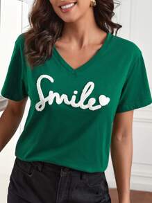 SHEIN Frenchy Camiseta de hombros caídos con patrón de corazón & de letra - Verde - Ver 1