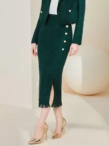 Modelyn 前紐扣毛邊粗花呢半身裙