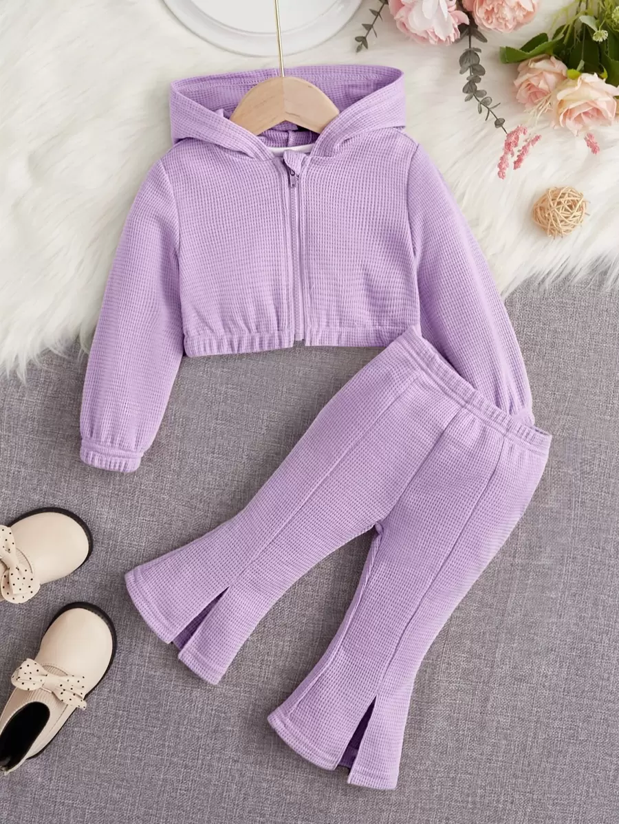 SHEIN Leap Crew Baby Girl 1pc Waffle Knit Hooded Jacket & 1pc Slit Hem Flare Leg Pants - Lilac Purple - View 1