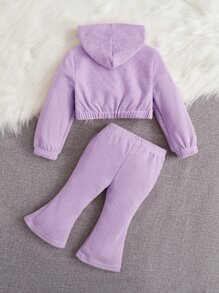SHEIN Leap Crew Baby Girl 1pc Waffle Knit Hooded Jacket & 1pc Slit Hem Flare Leg Pants - Lilac Purple - View 2