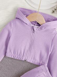 SHEIN Leap Crew Baby Girl 1pc Waffle Knit Hooded Jacket & 1pc Slit Hem Flare Leg Pants - Lilac Purple - View 4