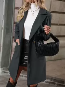 SHEIN LUNE Lapel Collar Dual Pocket Double Button Overcoat - Dark Grey - View 1