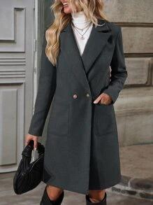 SHEIN LUNE Lapel Collar Dual Pocket Double Button Overcoat - Dark Grey - View 3