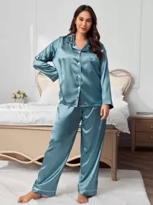 Plus Contrast Piping Satin PJ Set - Cadet Blue - View 1