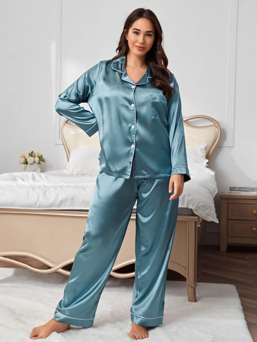 Plus Contrast Piping Satin PJ Set - Cadet Blue - View 1