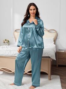 Plus Contrast Piping Satin PJ Set - Cadet Blue - View 4