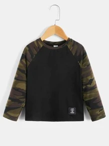 SHEIN Ung pojke Camo Raglan ärm Patch Detail Casual långärmad T-shirt - Svart - Visa 1