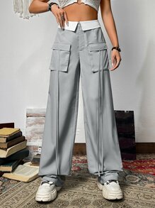 SHEIN ICON Zipper Fly Flap Pocket Cargo Trousers - Grey - View 1
