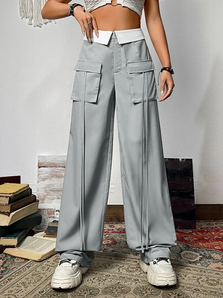 SHEIN ICON Zipper Fly Flap Pocket Cargo Trousers - Grey - View 1