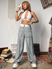 SHEIN ICON Zipper Fly Flap Pocket Cargo Trousers - Grey - View 3