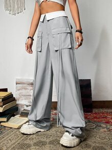 SHEIN ICON Zipper Fly Flap Pocket Cargo Trousers - Grey - View 5