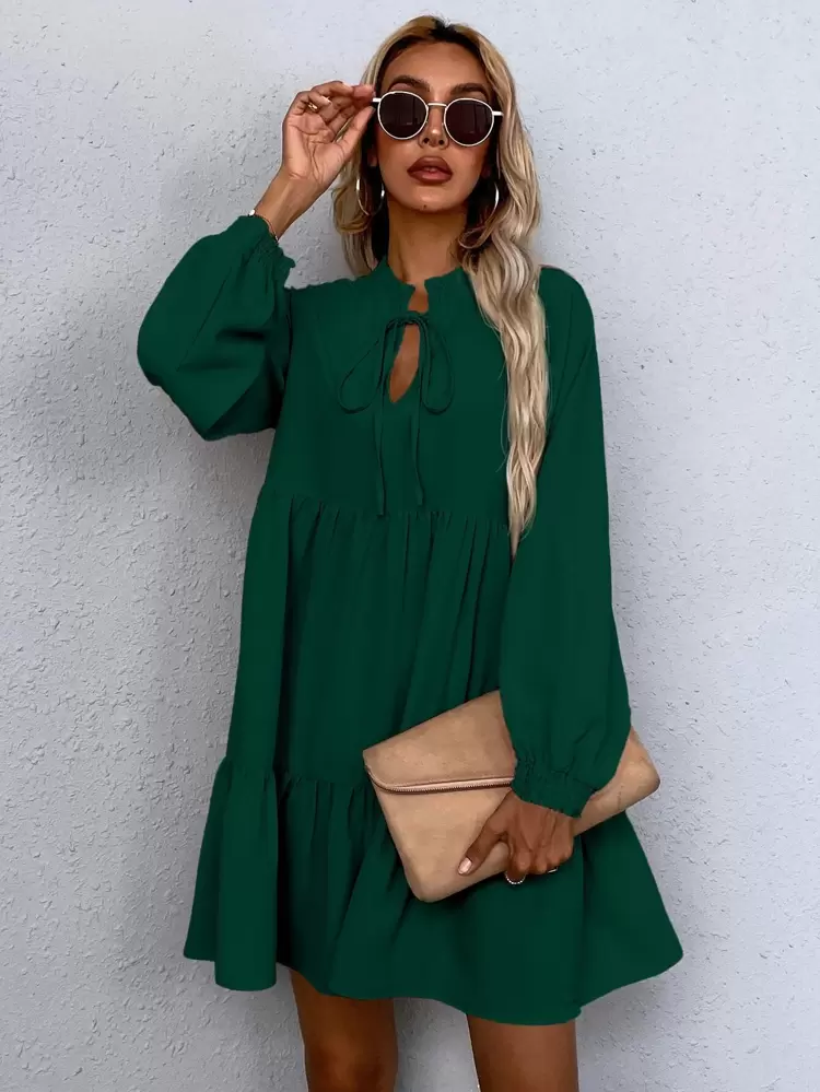 Tie Neck Lantern Sleeve Smock Dress Fall Cloth For Women