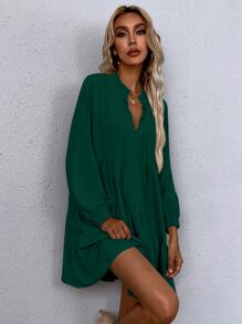 SHEIN LUNE Tie Neck Lantern Sleeve Smock Dress Fall Cloth For Women - Dark Green - View 4