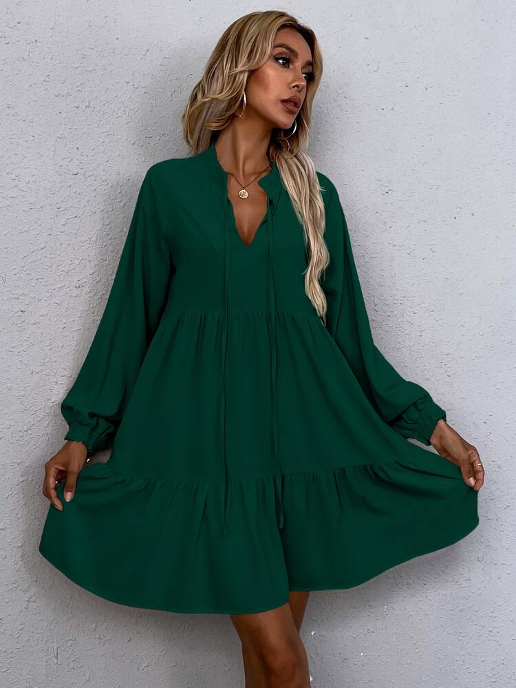 Tie Neck Lantern Sleeve Smock Dress Fall Cloth For Women