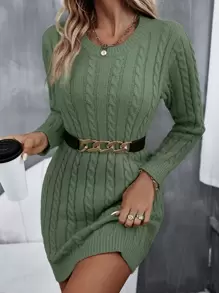 SHEIN Unity Cable Knit Jumper Dress Without Belt - Mint Green - View 1