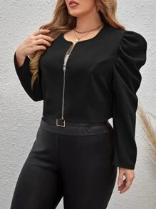 SHEIN Clasi 大碼羊腿袖拉鏈開襟夾克 - 黑色 - 查看 3