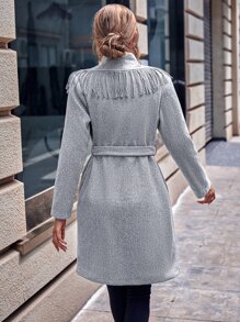 SHEIN LUNE Fringe Trim Shawl Collar Overcoat - Grey - View 2