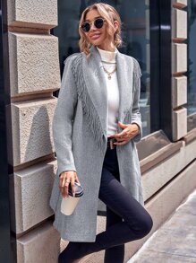 SHEIN LUNE Fringe Trim Shawl Collar Overcoat - Grey - View 3