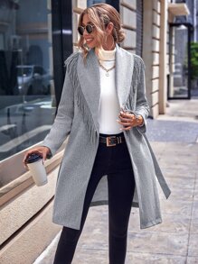 SHEIN LUNE Fringe Trim Shawl Collar Overcoat - Grey - View 1