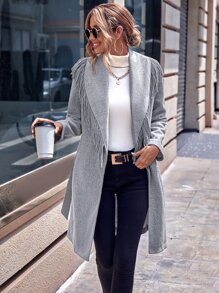 SHEIN LUNE Fringe Trim Shawl Collar Overcoat - Grey - View 5