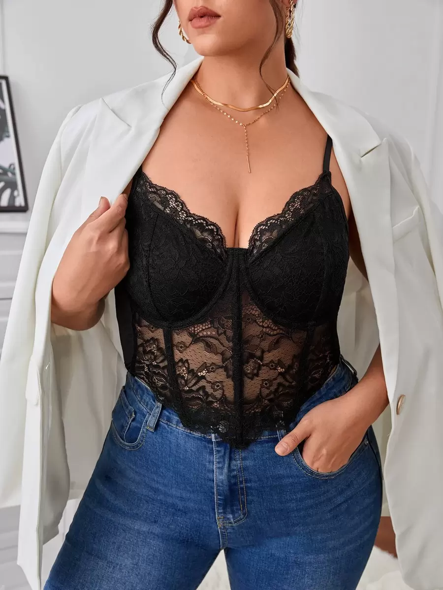 SHEIN Privé Plus Lace  Elegant  Bustier Cami  Tube Top - Black - View 1