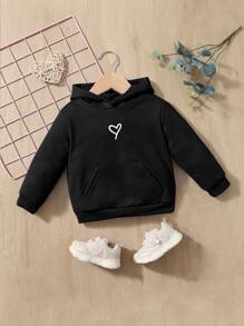 SHEIN 女婴爱心印花袋鼠口袋卫衣 - 黑色 - 查看 1