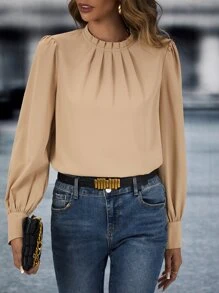 SHEIN LUNE 褶邊領泡泡袖襯衫 - 卡其色 - 查看 1