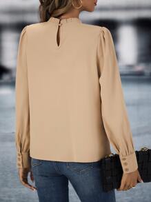 SHEIN LUNE 褶邊領泡泡袖襯衫 - 卡其色 - 查看 2