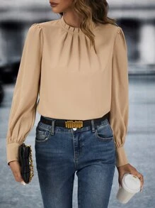 SHEIN LUNE 褶邊領泡泡袖襯衫 - 卡其色 - 查看 3