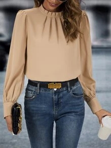 SHEIN LUNE 褶邊領泡泡袖襯衫 - 卡其色 - 查看 4