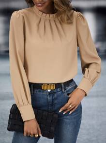 SHEIN LUNE 褶邊領泡泡袖襯衫 - 卡其色 - 查看 5