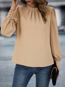 SHEIN LUNE 褶邊領泡泡袖襯衫 - 卡其色 - 查看 6